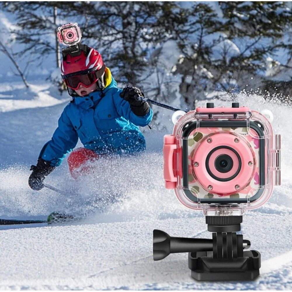 Kids Action Camera Pink w/Waterproof Hard Case & Mounting Accessories Underwater